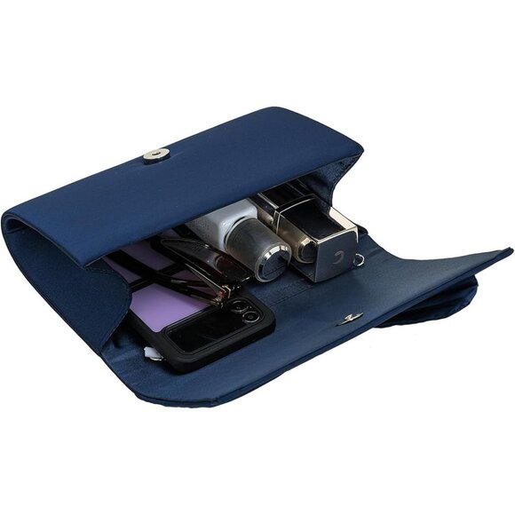 Sapphire Blue Shimmering Satin Evening Bag Bow Flap Clutch Purse Formal Wedding - Picture 9 of 9